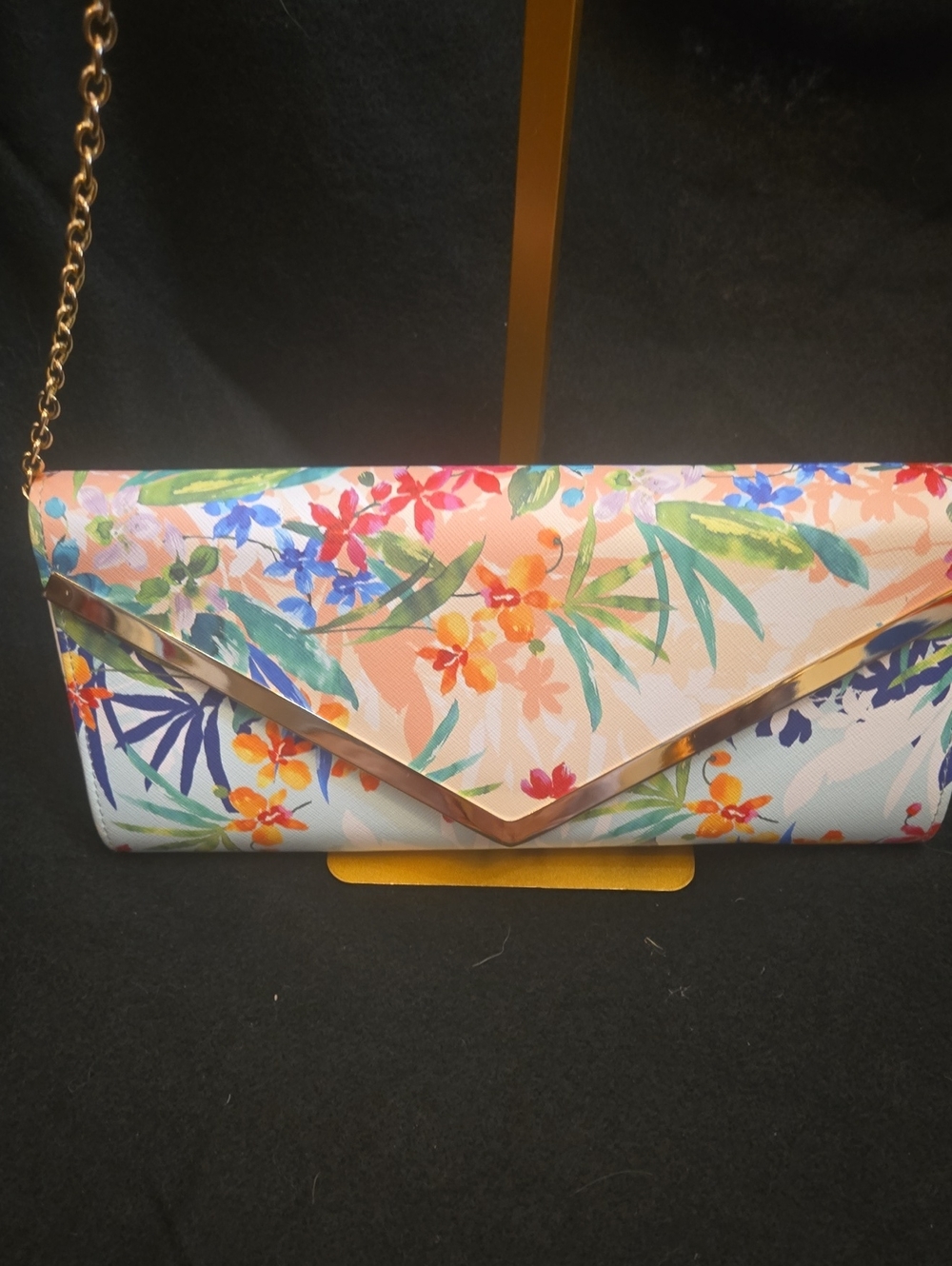 Aldo Floral Envelope Clutch - Peach Multicolor with Gold Trim